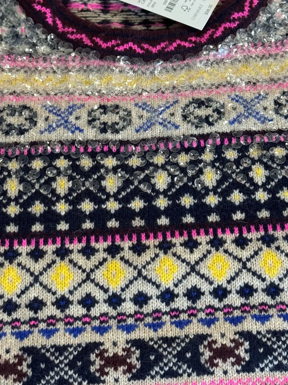 J. Crew Fair Isle Crewneck Sweater in Burgundy, Pink and Yellow